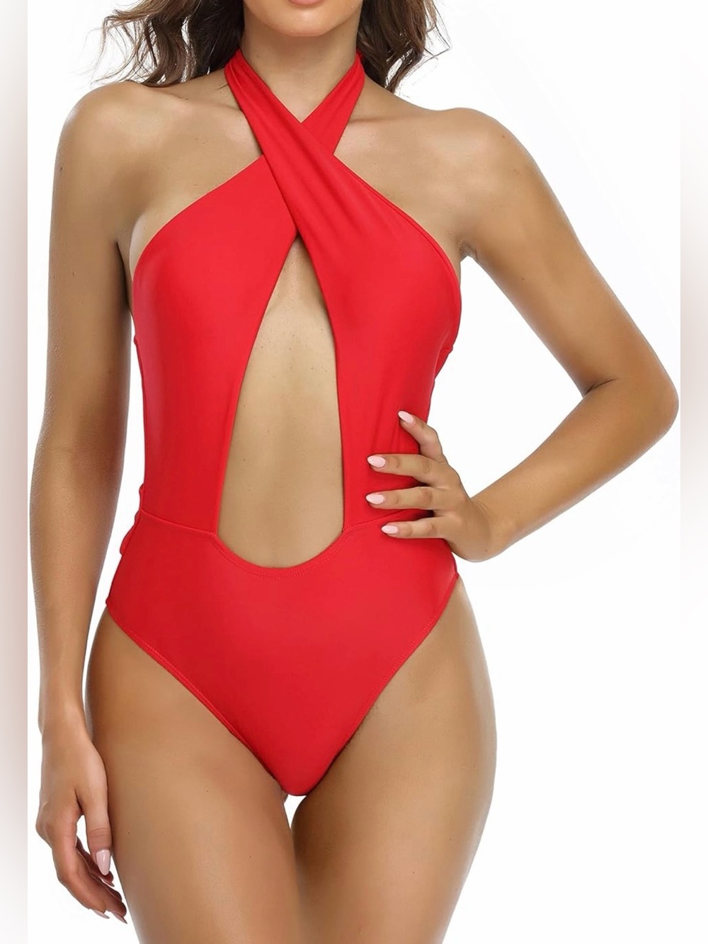 NWT Red Halter Cutout One Piece Swimsuit Open Back Large Beach Vacation